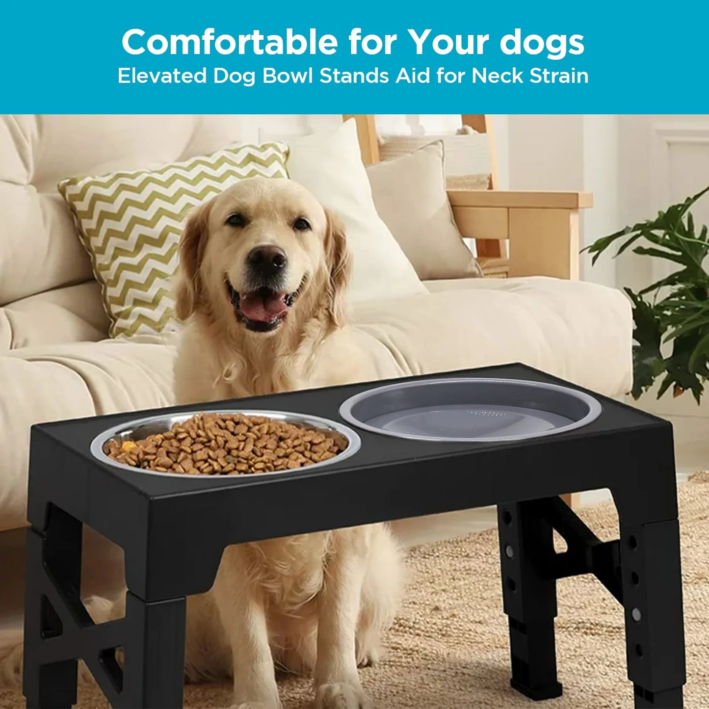 Elevated Dog Bowls, 5 Adjustable Heights Raised Dog Bowl Stand with 1 Stainless Steel Food & Dog Water Bowl, Dog Bowls for Large Dogs& Cats (Black)