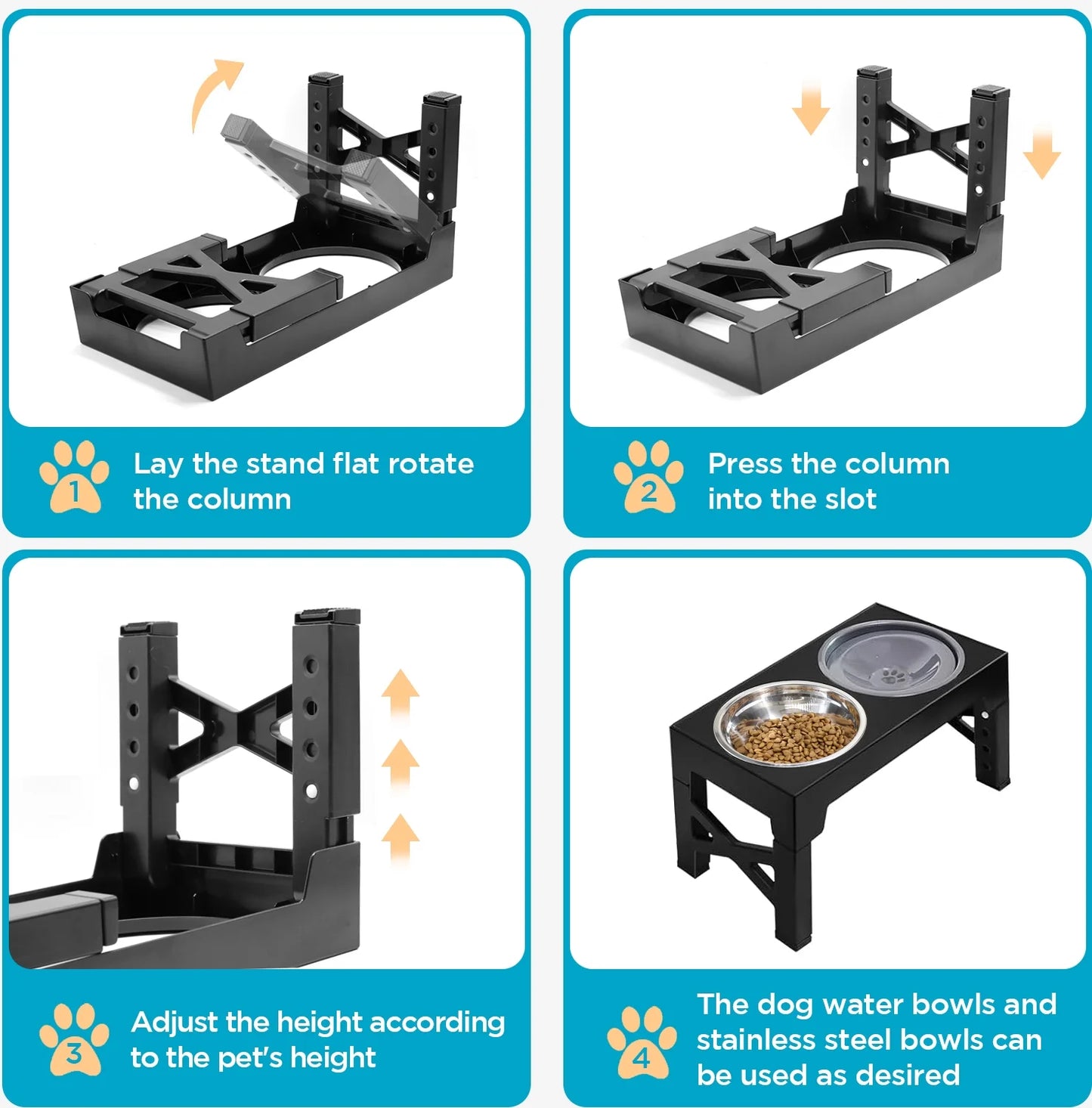 Elevated Dog Bowls, 5 Adjustable Heights Raised Dog Bowl Stand with 1 Stainless Steel Food & Dog Water Bowl, Dog Bowls for Large Dogs& Cats (Black)