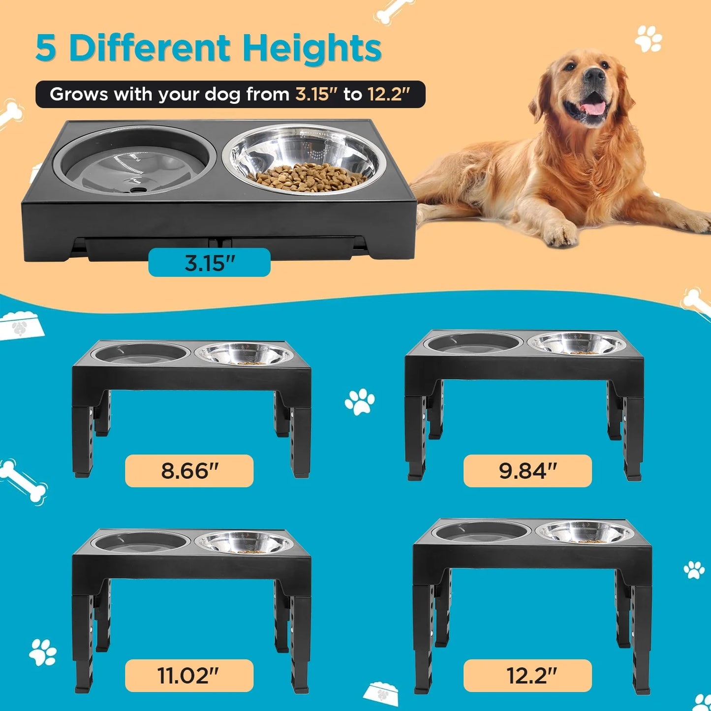 Elevated Dog Bowls, 5 Adjustable Heights Raised Dog Bowl Stand with 1 Stainless Steel Food & Dog Water Bowl, Dog Bowls for Large Dogs& Cats (Black)